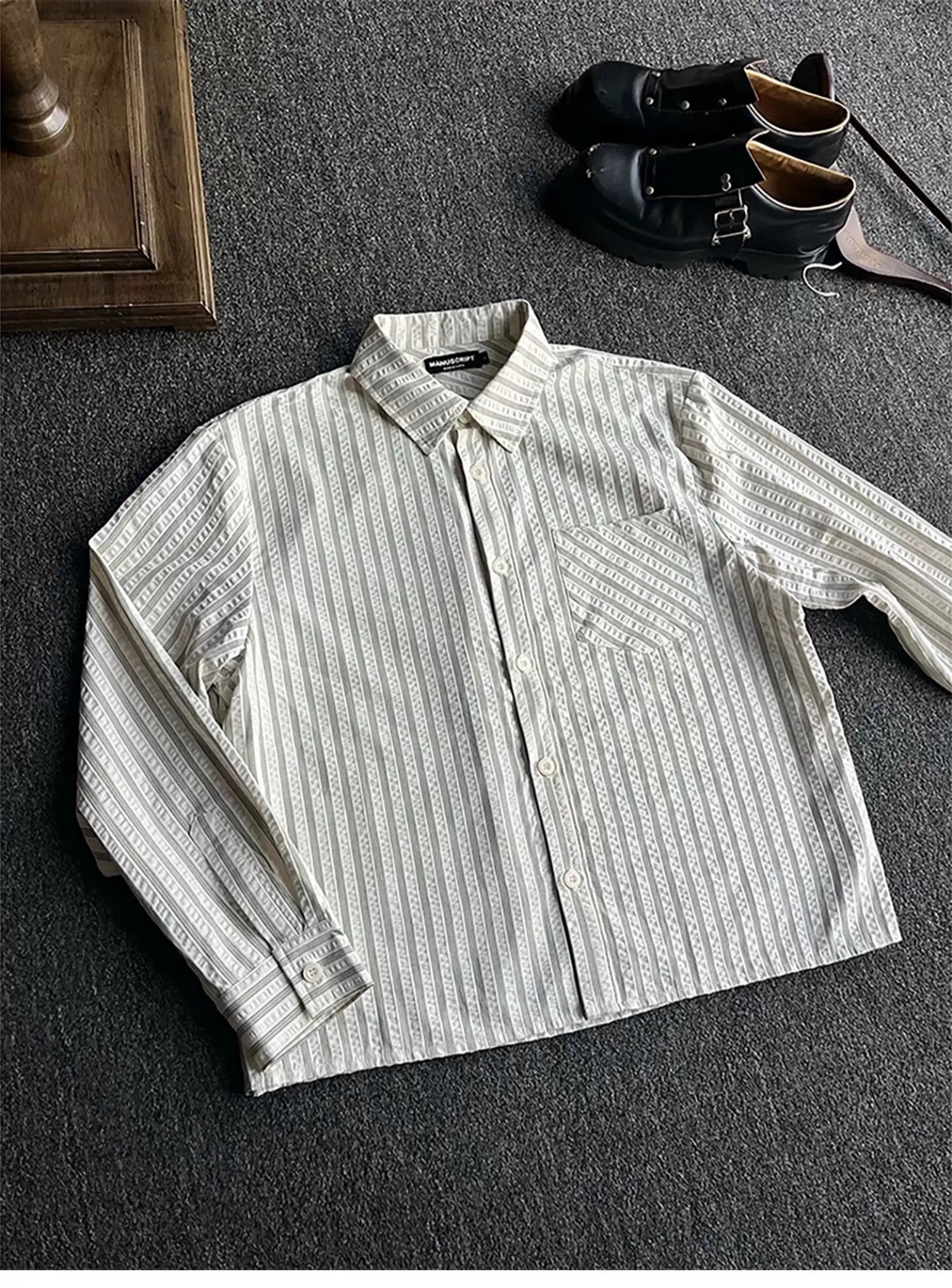 Striped Seersucker Shirt – American Vintage Textured Casual Shirt for Men   FE0058