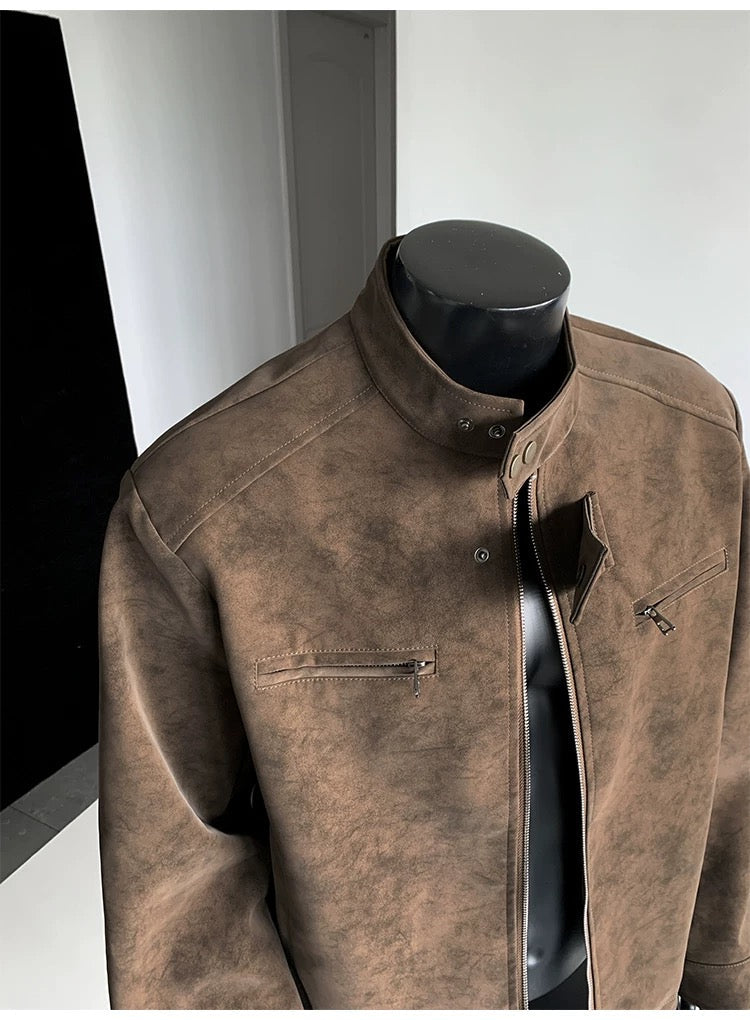 Men’s Vintage Tie-Dye PU Leather Jacket – Stand Collar Streetwear Outerwear   FE0016
