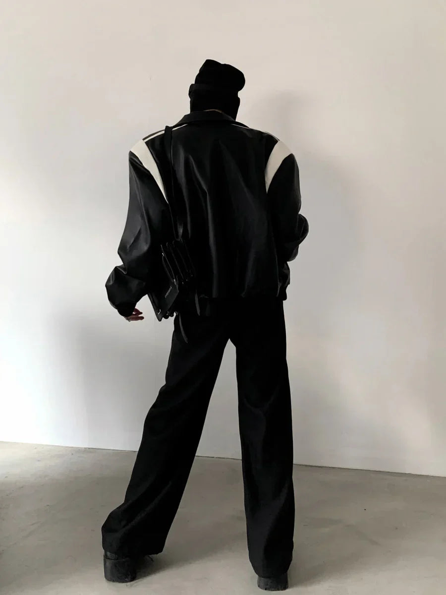 [AUTUMNWIND] BLACK COTTON THICKENED LEATHER JACKET FE0451