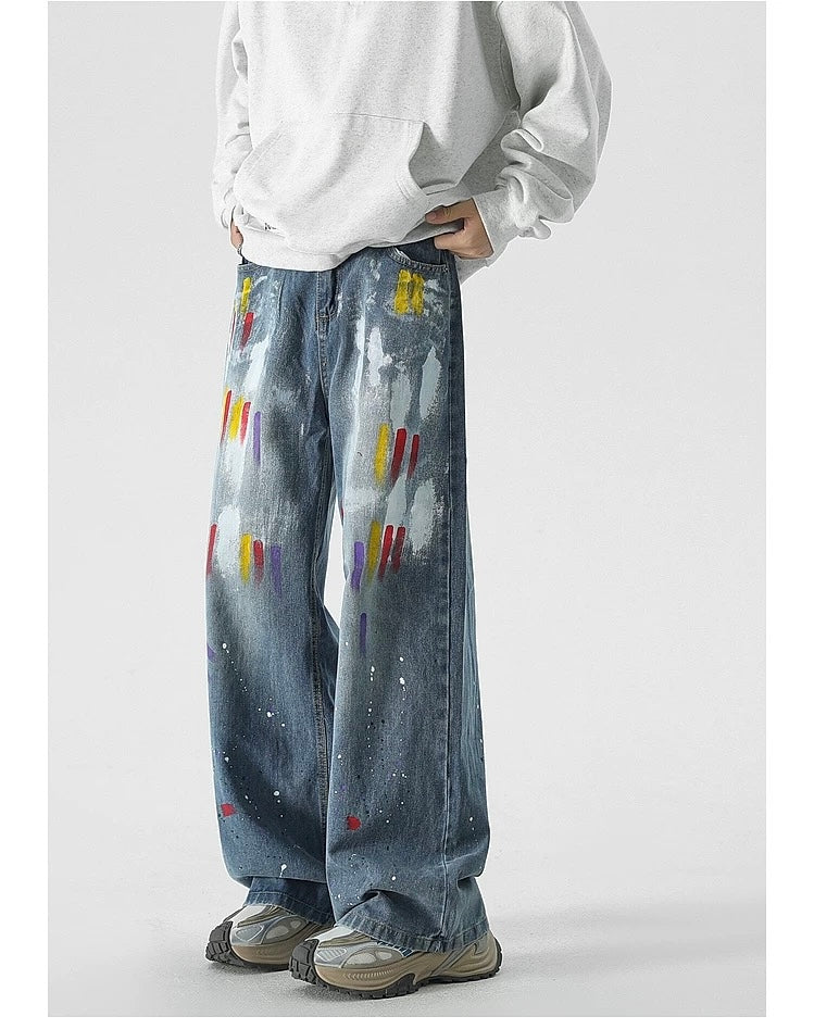 Men’s Graffiti Denim Jeans – Vintage American High Street Painted Streetwear Pants FE0053