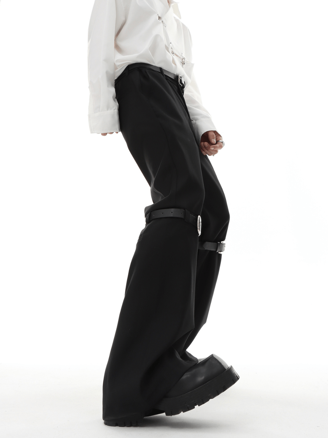 metal button multi drape straight pants FE0415