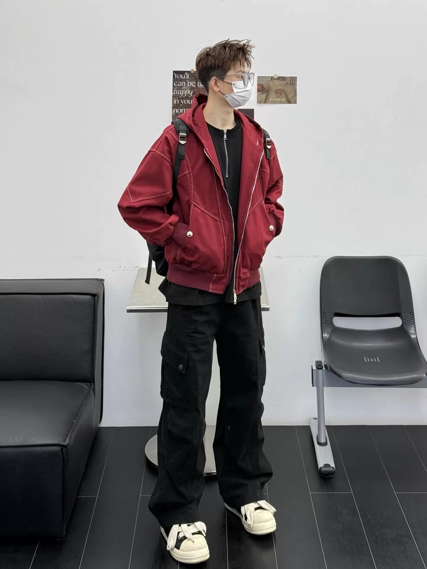 Men’s Red Contrast Stitch Hooded Jacket – Streetwear Short Outerwear Coat   FE0318