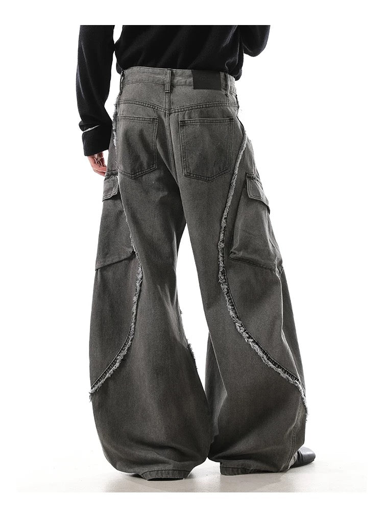 Men’s Vintage Deconstructed Denim Jeans – American Raw-Edge Curved Cut Wide-Leg Pants   FE0021