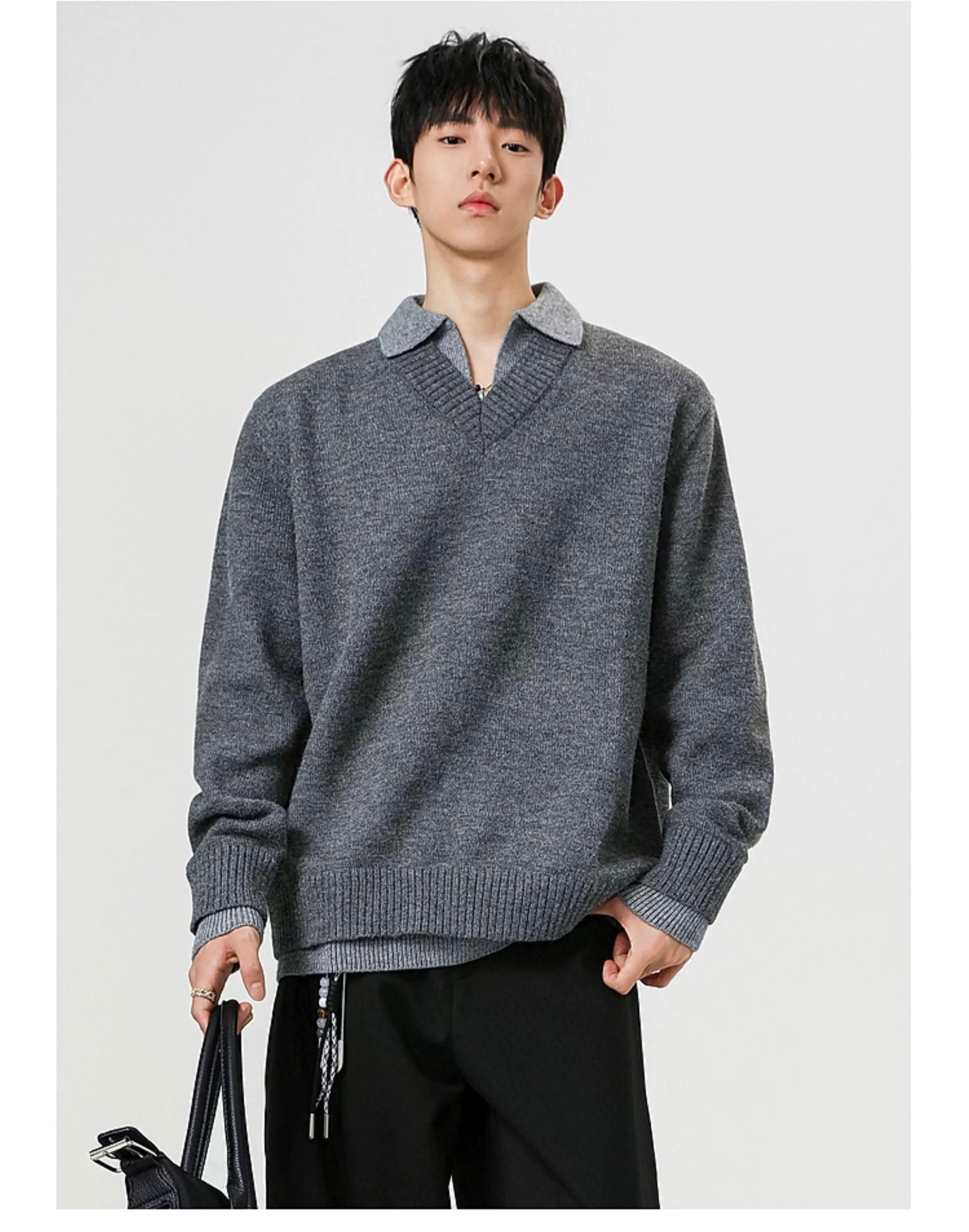 Vintage Layered Knit Sweater – Retro Patchwork Two-in-One Pullover for Men FE0059