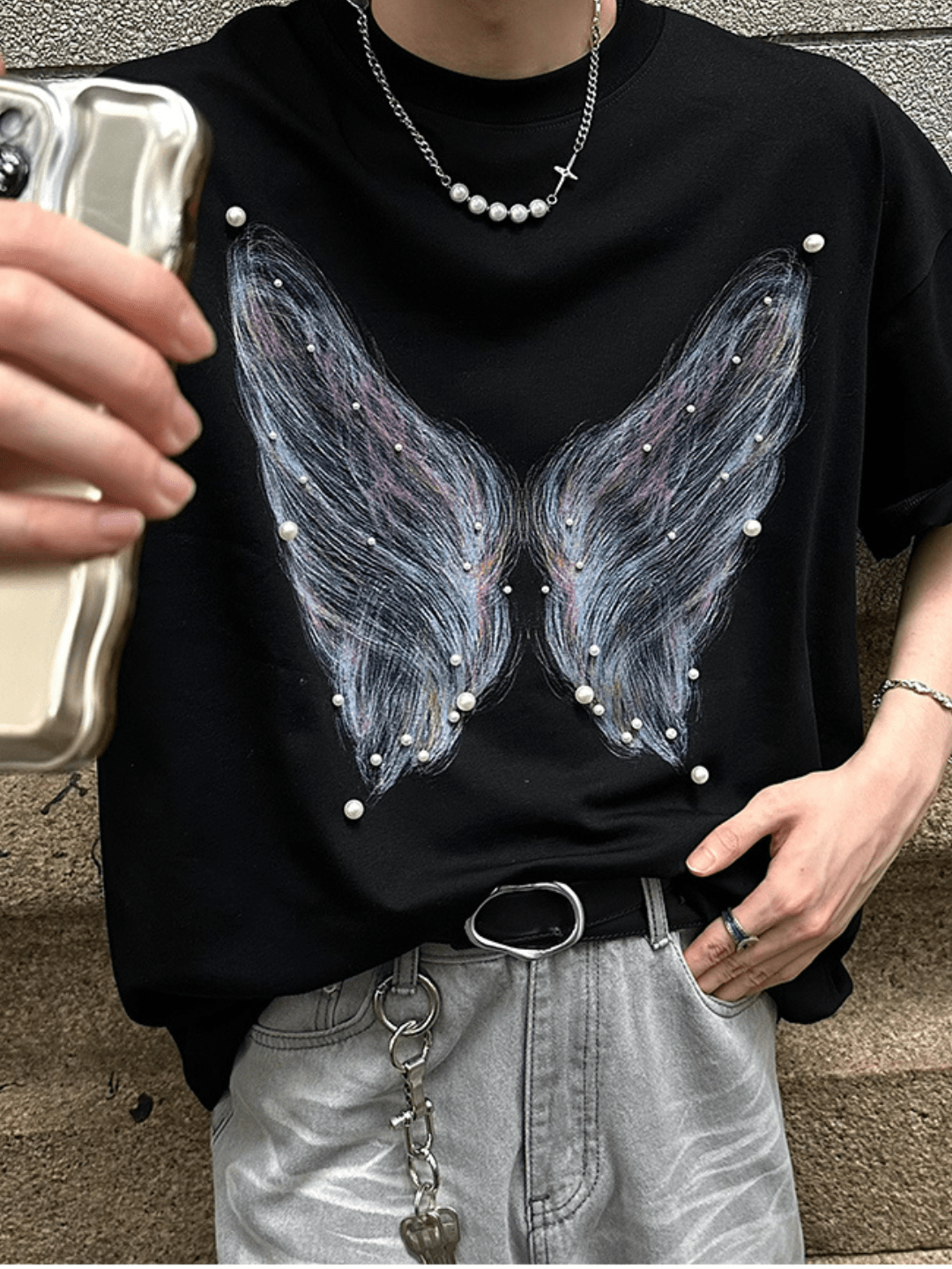 pearl butterfly print T-shirt   FE0182