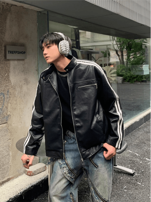 [K09] PU leather striped jacket  FE0623