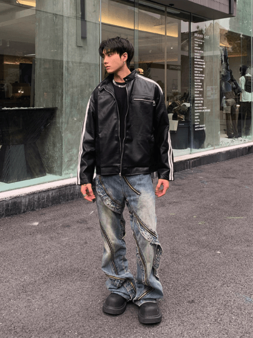 [K09] PU leather striped jacket  FE0623