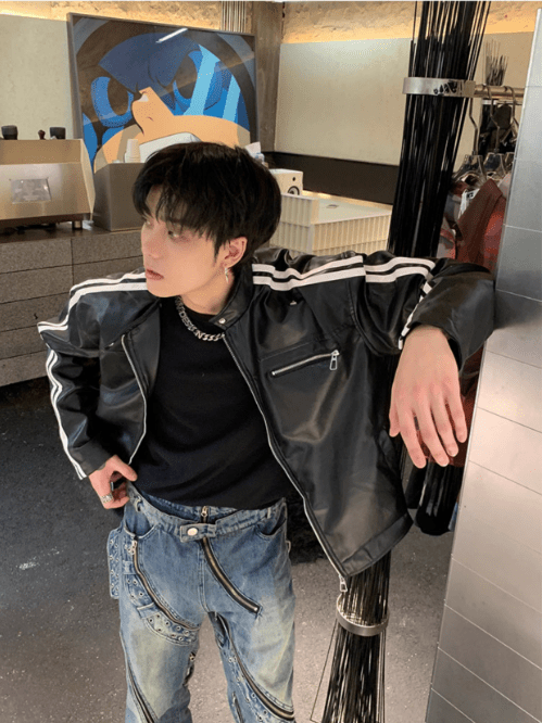 [K09] PU leather striped jacket  FE0623