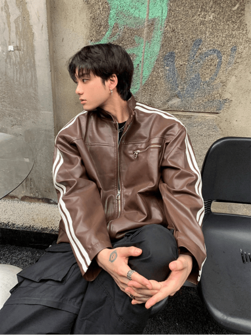 [K09] PU leather striped jacket  FE0623