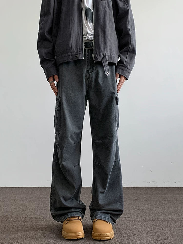 Men’s Gray Multi-Pocket Cargo Pants – Utility Streetwear Loose Fit Trousers  FE0317