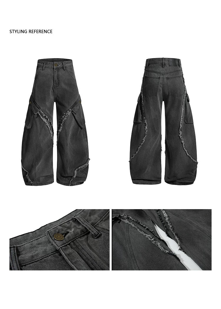 Men’s Vintage Deconstructed Denim Jeans – American Raw-Edge Curved Cut Wide-Leg Pants   FE0021