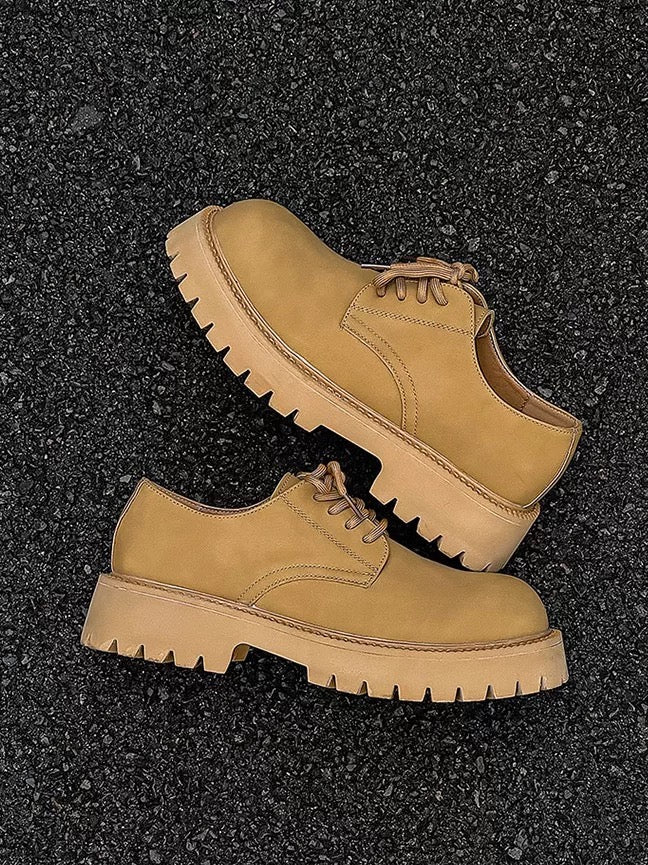 English-American Chunky Derby Shoes - Brown Workwear Leather with Mickey Mouse Detail (CleanFit Platform Shoes for Men) S0010