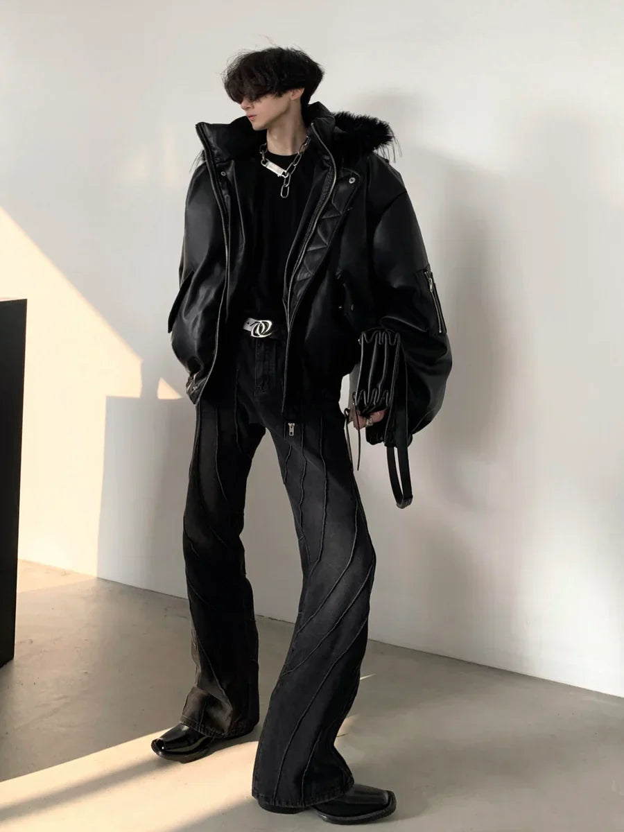 FUR DESIGN COTTON PUNK LEATHER JACKET  FE0478