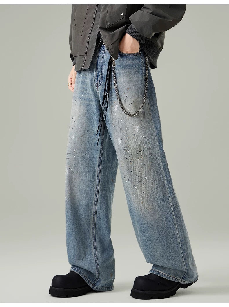 Men’s Paint-Splatter Washed Jeans – Vintage American Street Art Denim Pants  FE0056