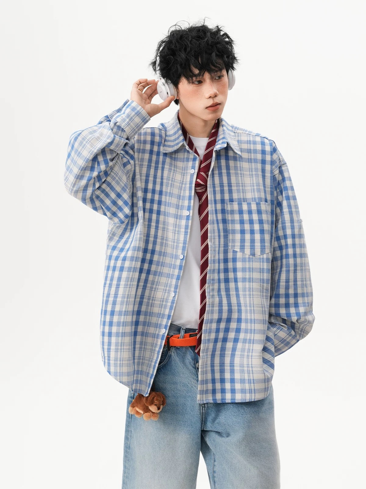 Men’s Vintage Blue Plaid Shirt – American Retro Street Casual Overshirt   FE0316