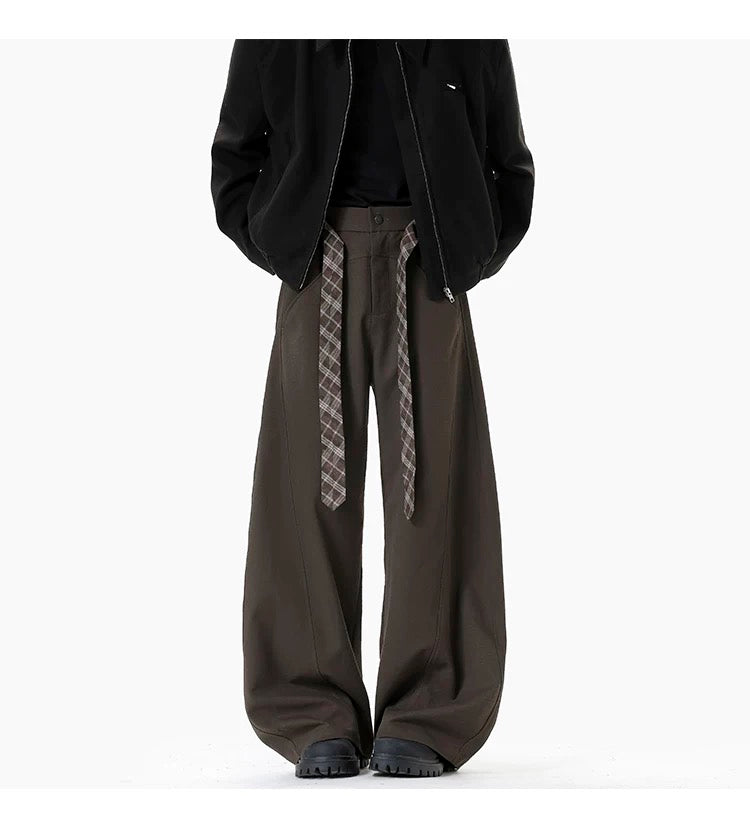 Vintage Plaid Fleece-Lined Belted Flare Trousers – Retro American Style Pants  FE0071