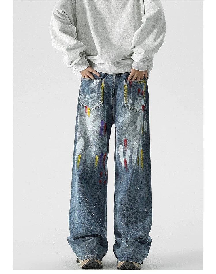 Men’s Graffiti Denim Jeans – Vintage American High Street Painted Streetwear Pants FE0053