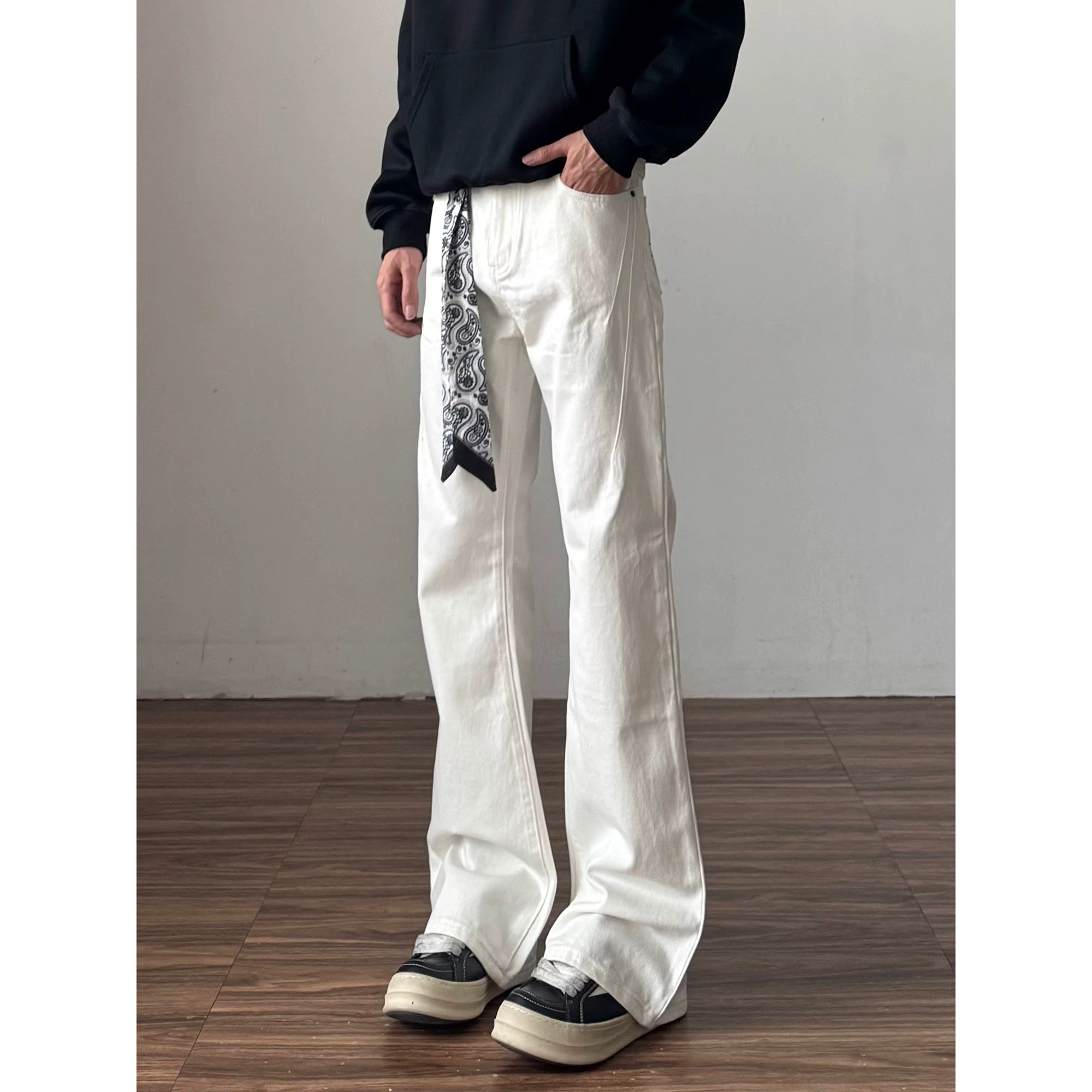 Men’s Vintage Scarf Detail Flare Jeans – American High Street Denim Pants FE0032