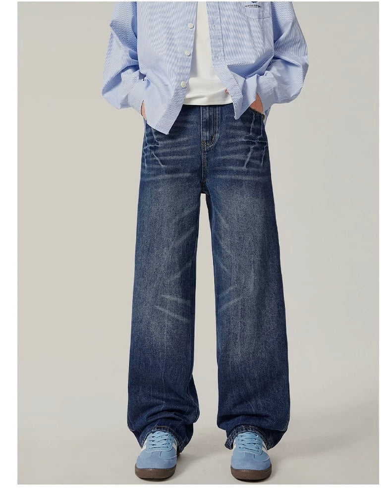 Men’s Vintage Washed Wide-Leg Jeans – American Retro Streetwear Denim   FE0037