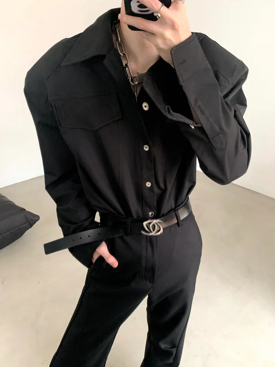 [AUTUMNWIND] BLACK SHOULDER PADS METAL PUNK SHIRT  FE0479