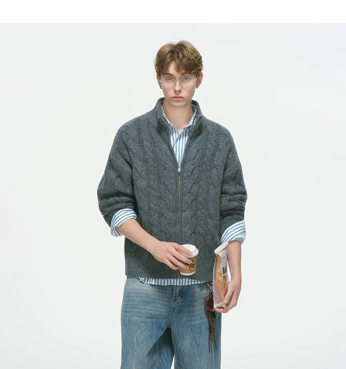 Vintage Cable Knit Turtleneck Sweater – American Retro Textured Pullover for Men  FE0063