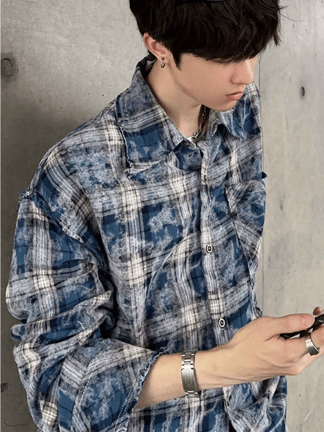 [JM HOMME] distressed raw edge plaid shirt  FE0549