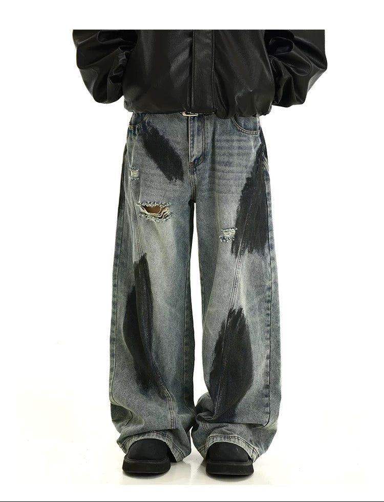 Men’s Graffiti Washed Distressed Jeans – Vintage American High Street Denim Pants   FE0323