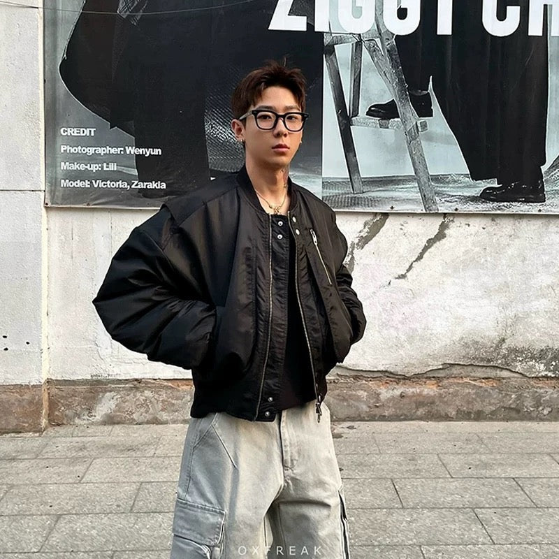 Men’s Cropped Bomber Puffer Jacket – American High Street Short Cotton Outerwear   FE0025