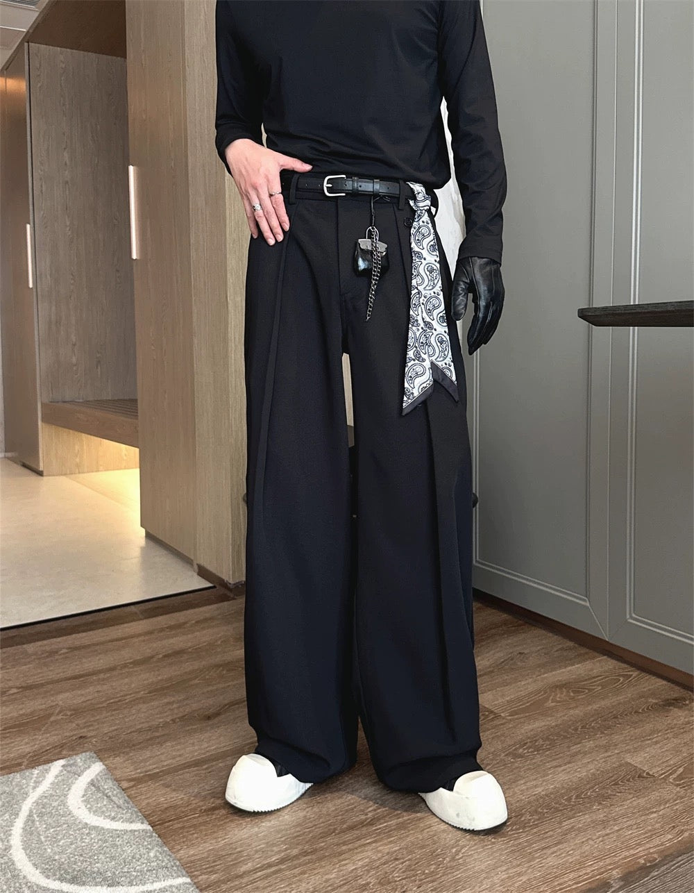 Men’s Vintage Curved-Pocket Trousers – Loose Fit Retro Wide-Leg Pants   FE0286