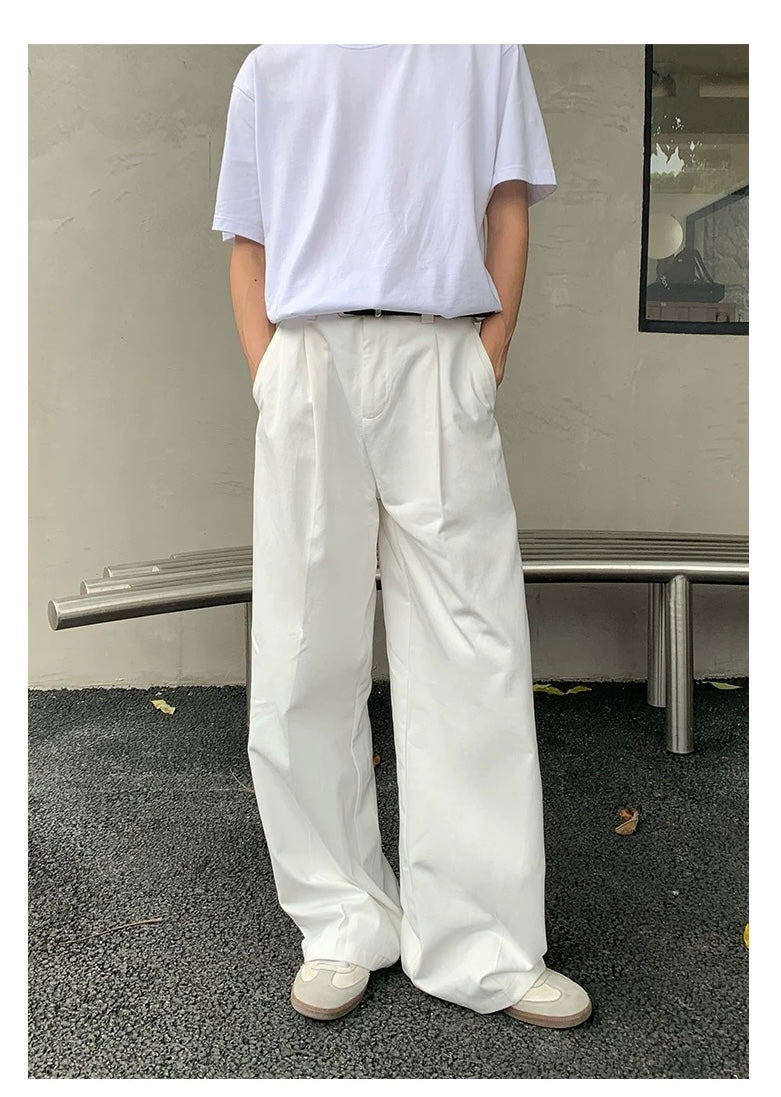 Men’s White Wide-Leg Pants – Loose Fit Minimalist Casual Trousers   FE0291