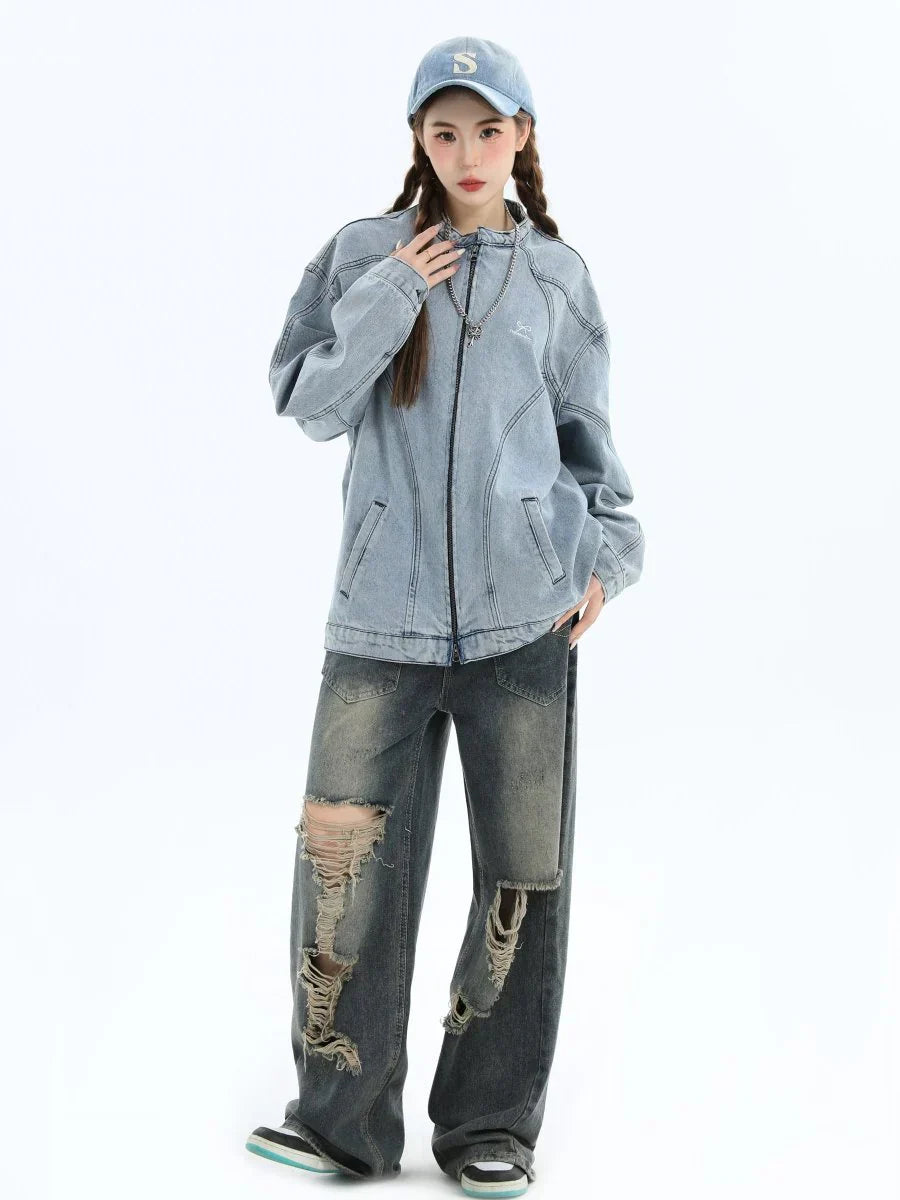 [INSstudios] WASHED DENIM JACKET ZIPPER FE0480