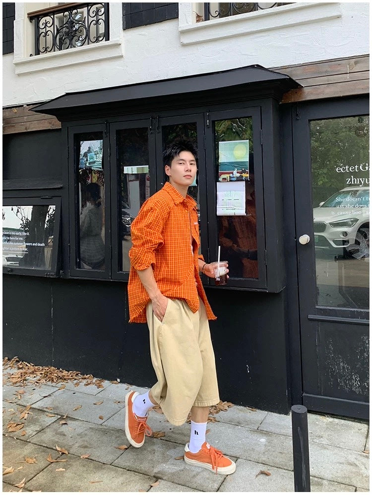 American Streetwear Orange Plaid Shirt   FE0352