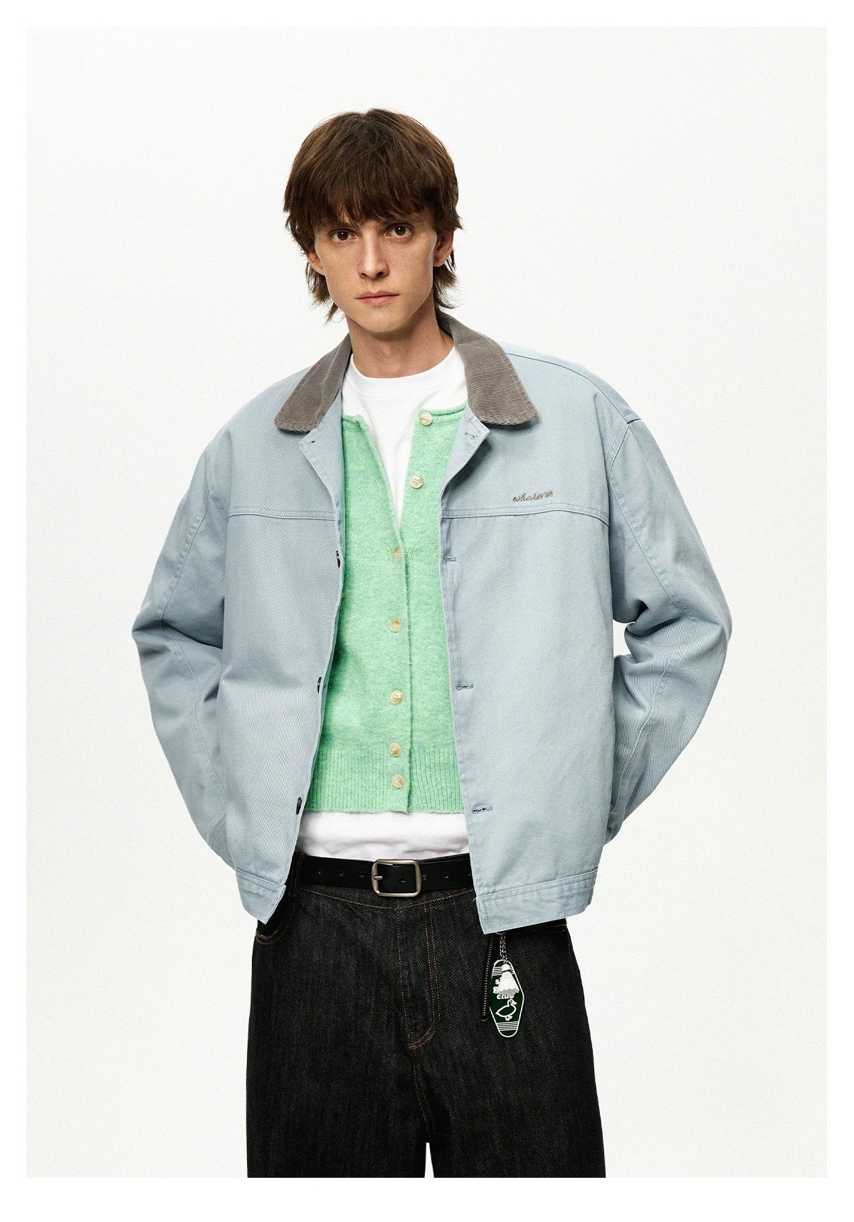 Men’s Color-Block Workwear Jacket – American Retro Contrast Collar Utility Outerwear  FE0005