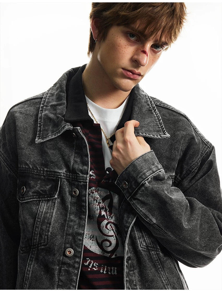 Men’s Vintage Washed Denim Jacket – American Retro Distressed Streetwear Outerwear FE0046