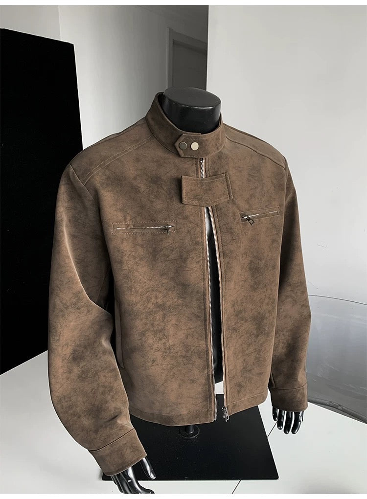 Men’s Vintage Tie-Dye PU Leather Jacket – Stand Collar Streetwear Outerwear   FE0016