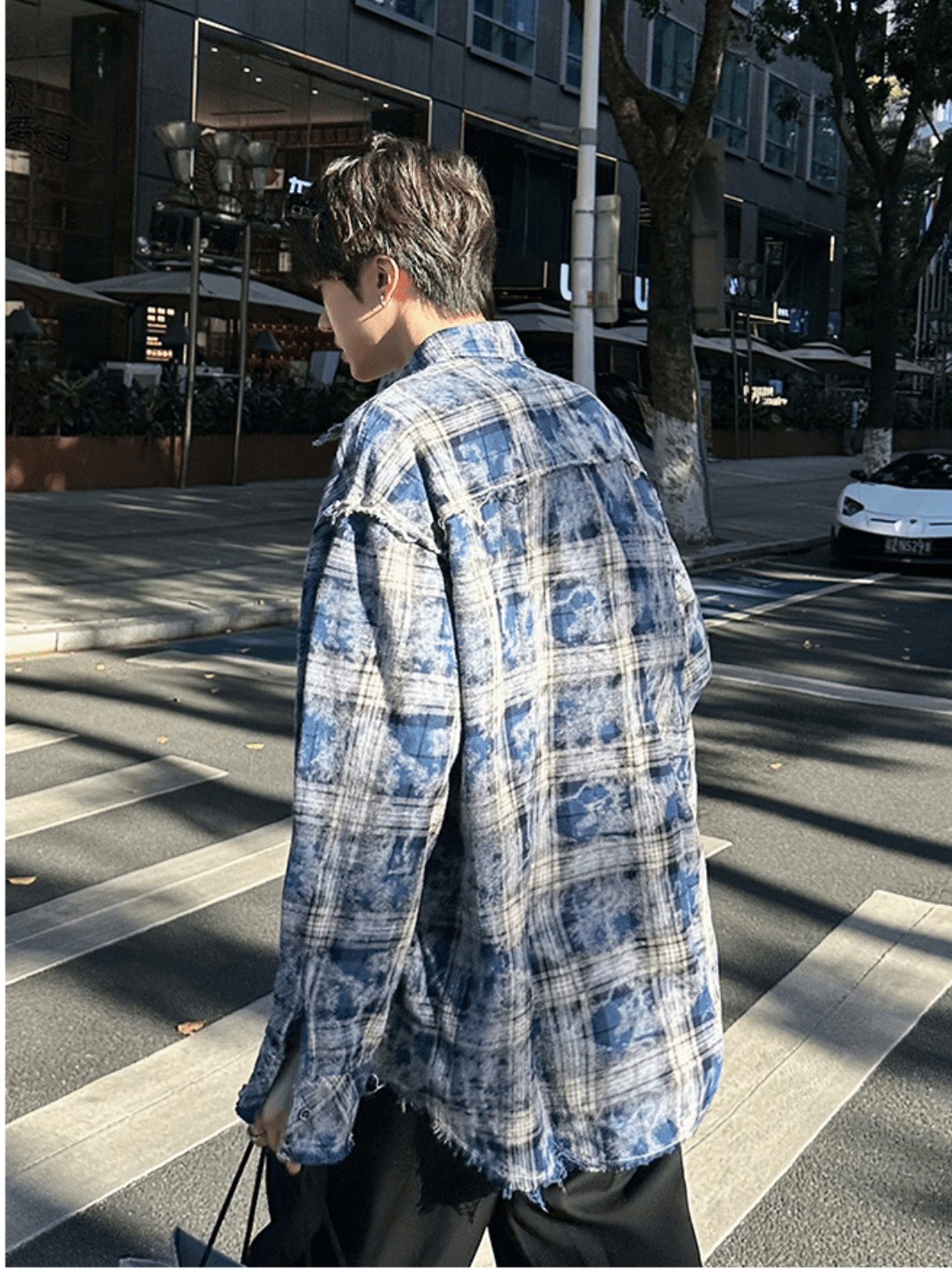 [JM HOMME] distressed raw edge plaid shirt  FE0549