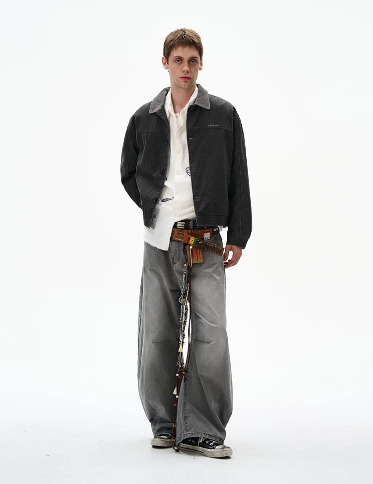 Men’s Color-Block Workwear Jacket – American Retro Contrast Collar Utility Outerwear  FE0005