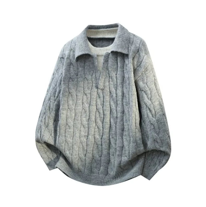 Men’s Vintage Cable Knit Layered Sweater – Retro Street Faux Two-Piece Pullover   FE0315