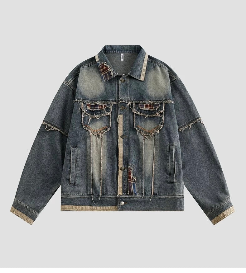 Men’s Vintage American Patchwork Frayed Denim Jacke  FE0331