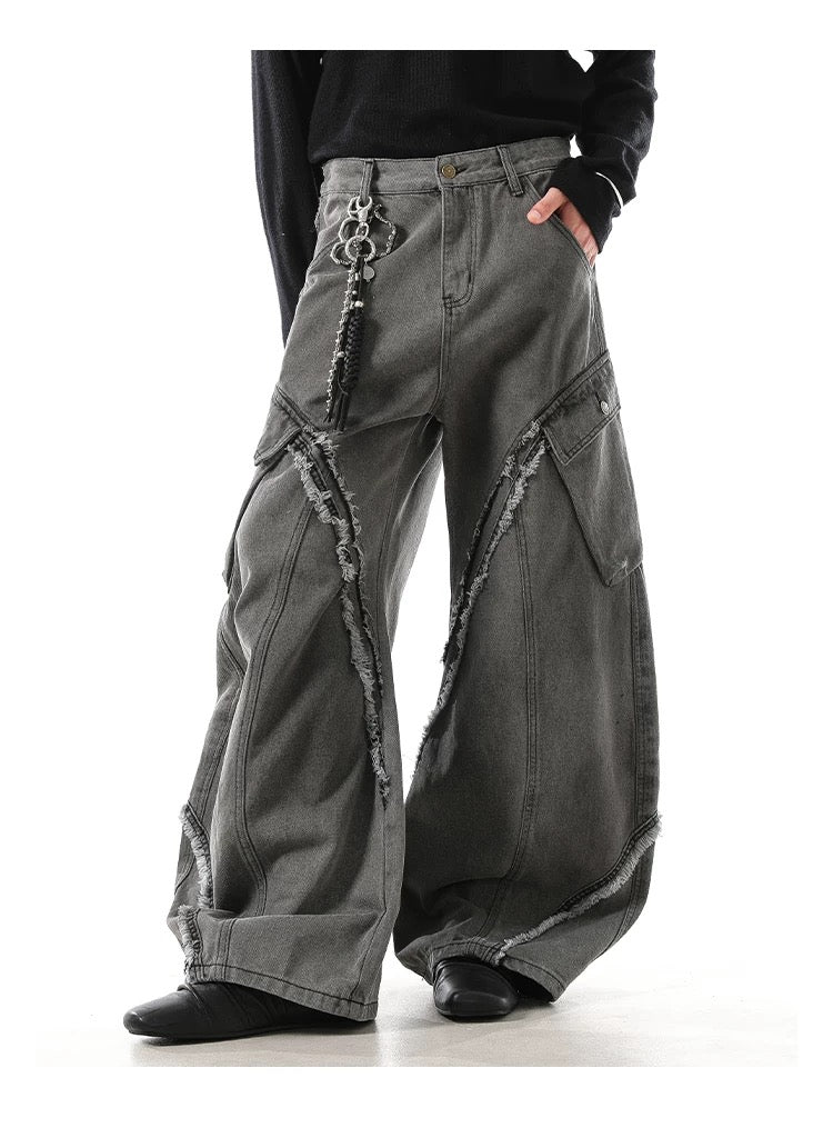 Men’s Vintage Deconstructed Denim Jeans – American Raw-Edge Curved Cut Wide-Leg Pants   FE0021