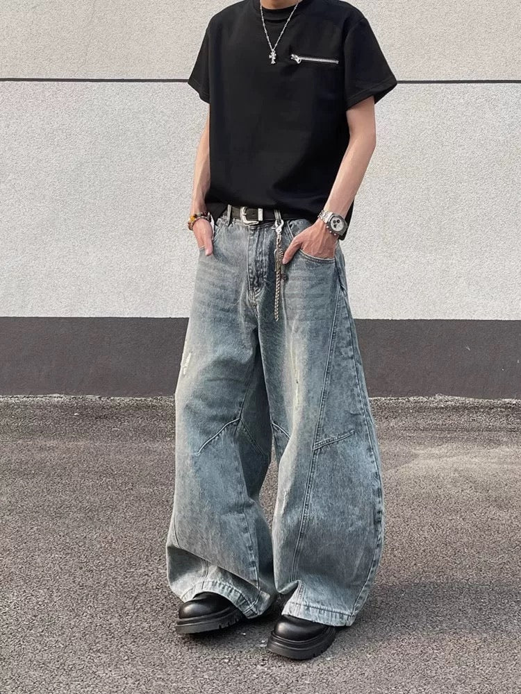 Men’s Vintage Ripped Wide-Leg Jeans – American Retro Streetwear Denim Pants   FE0018