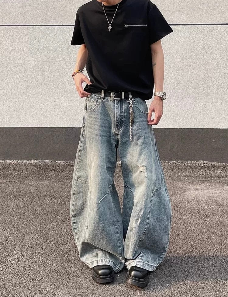 Men’s Vintage Ripped Wide-Leg Jeans – American Retro Streetwear Denim Pants   FE0018