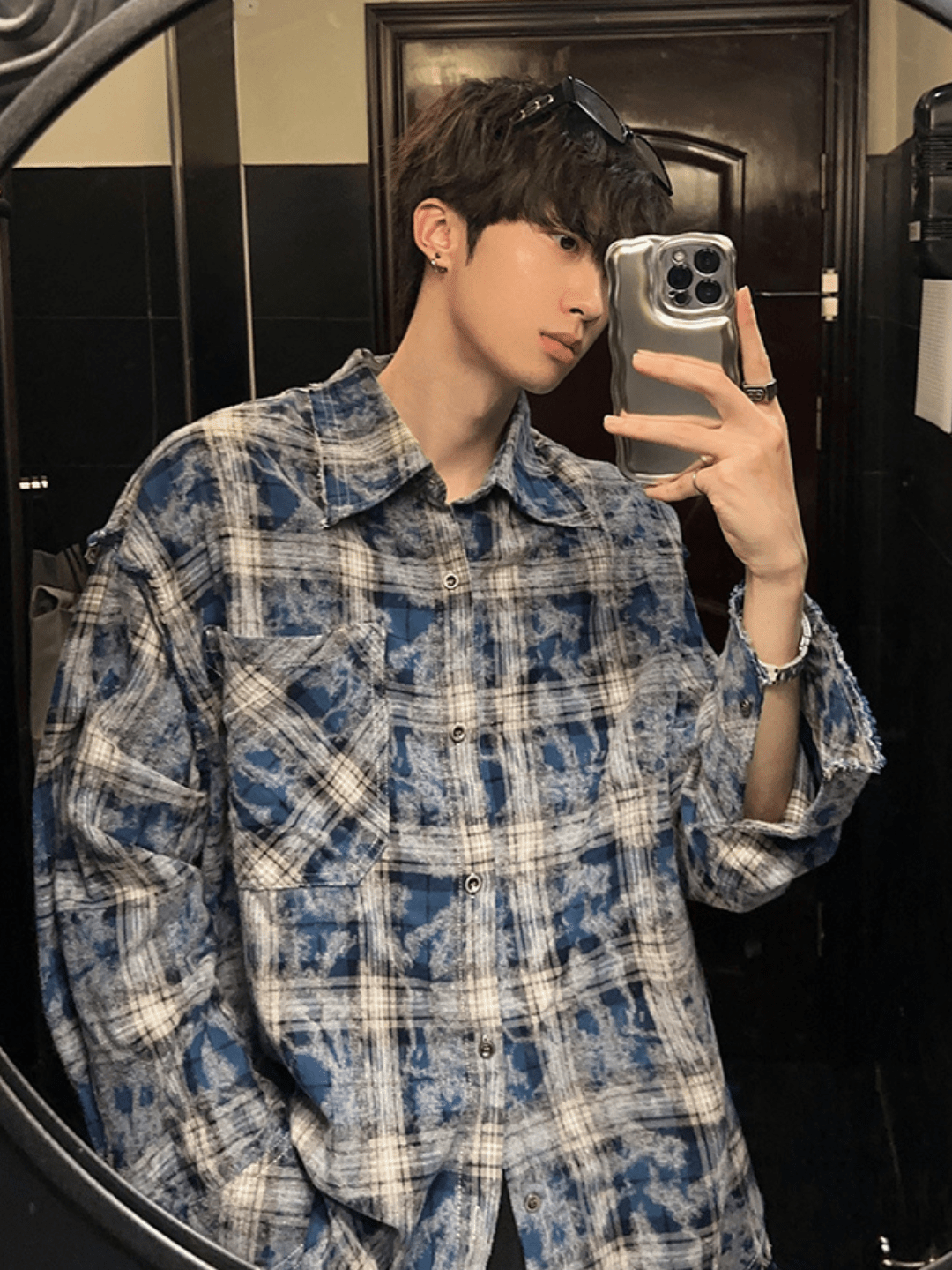 [JM HOMME] distressed raw edge plaid shirt  FE0549