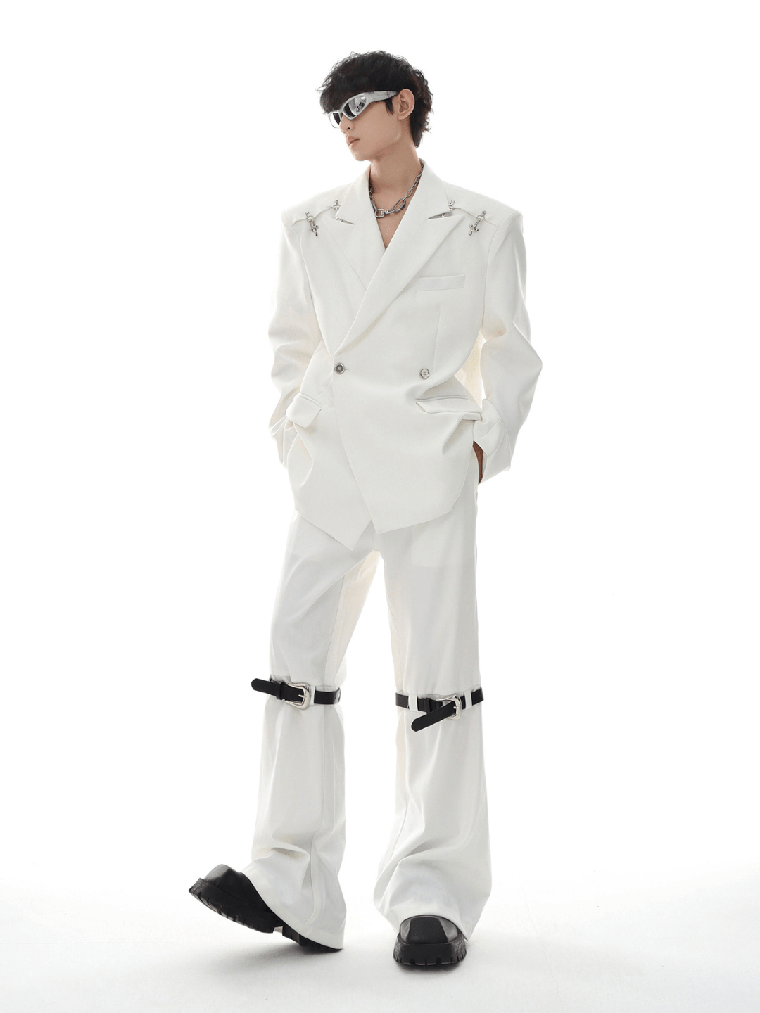 metal button multi drape straight pants FE0415