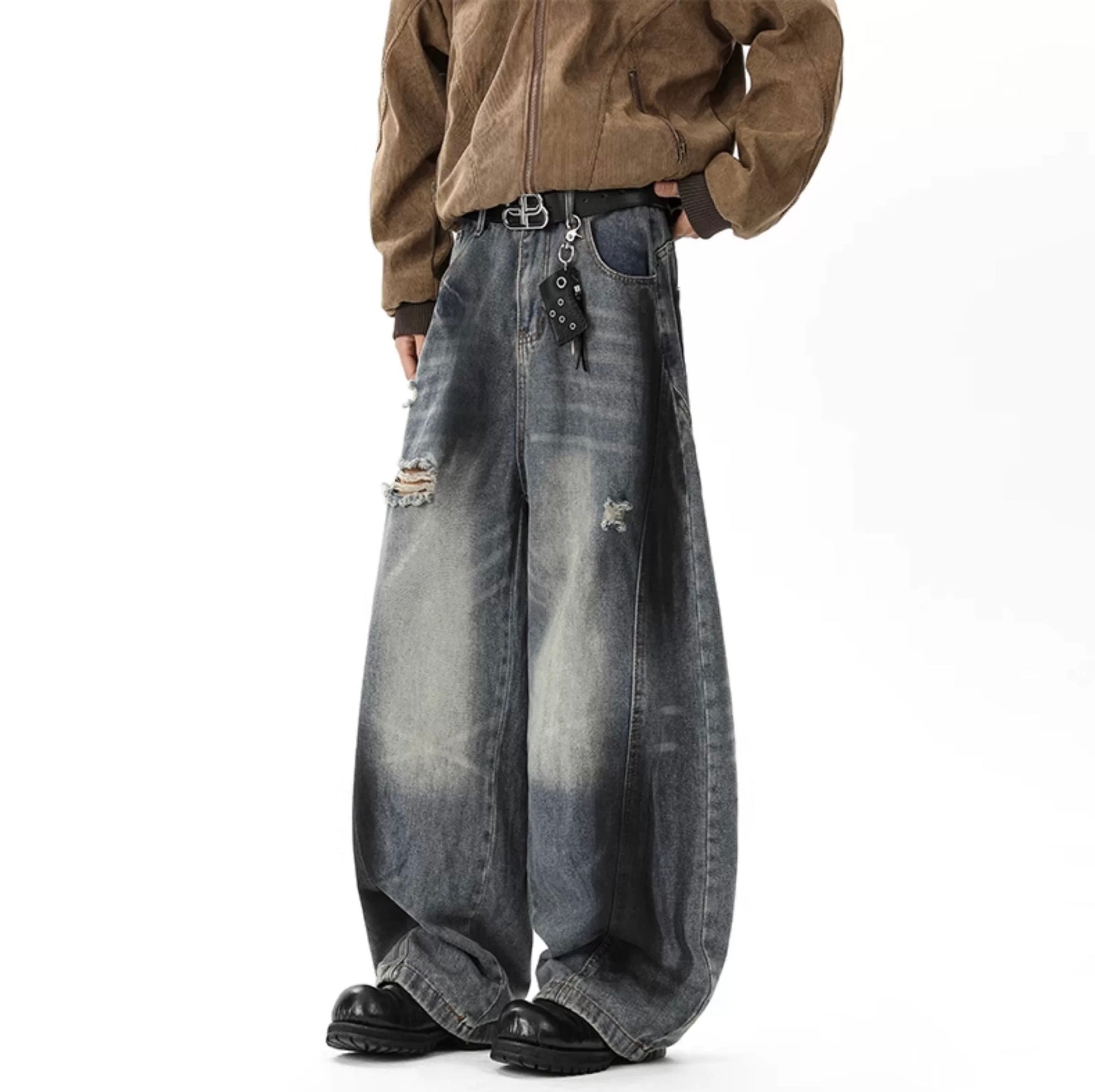Men’s American Ripped Curved-Cut Jeans – Vintage Streetwear Wide-Leg Denim Pants  FE0289