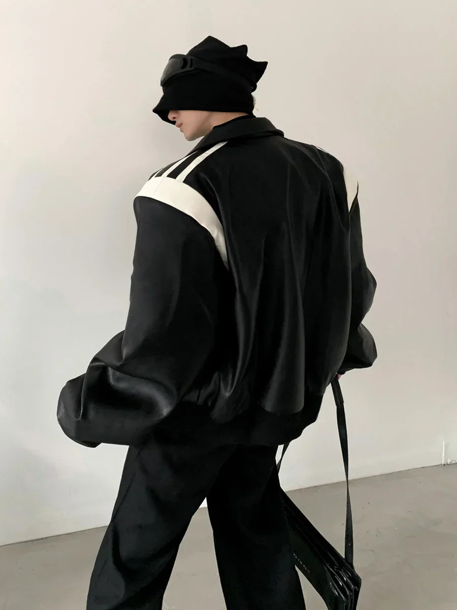 [AUTUMNWIND] BLACK COTTON THICKENED LEATHER JACKET FE0451