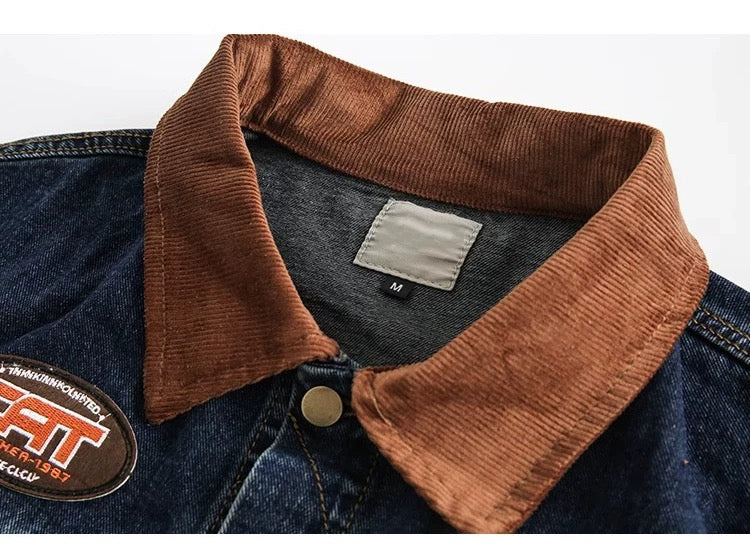 Men’s Vintage Patch Denim Jacket – American Retro Streetwear Outerwear  FE0288