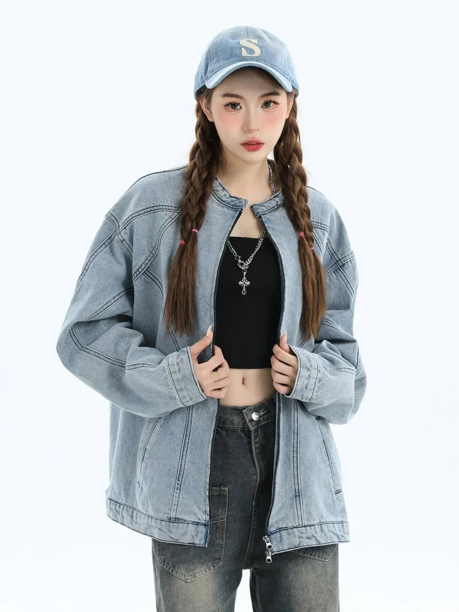 [INSstudios] WASHED DENIM JACKET ZIPPER FE0480