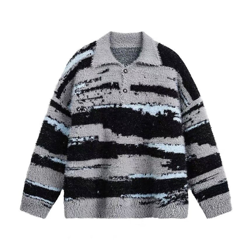 Men’s American Color-Block Striped Sweater – High Street Retro Knit Pullover   FE0020