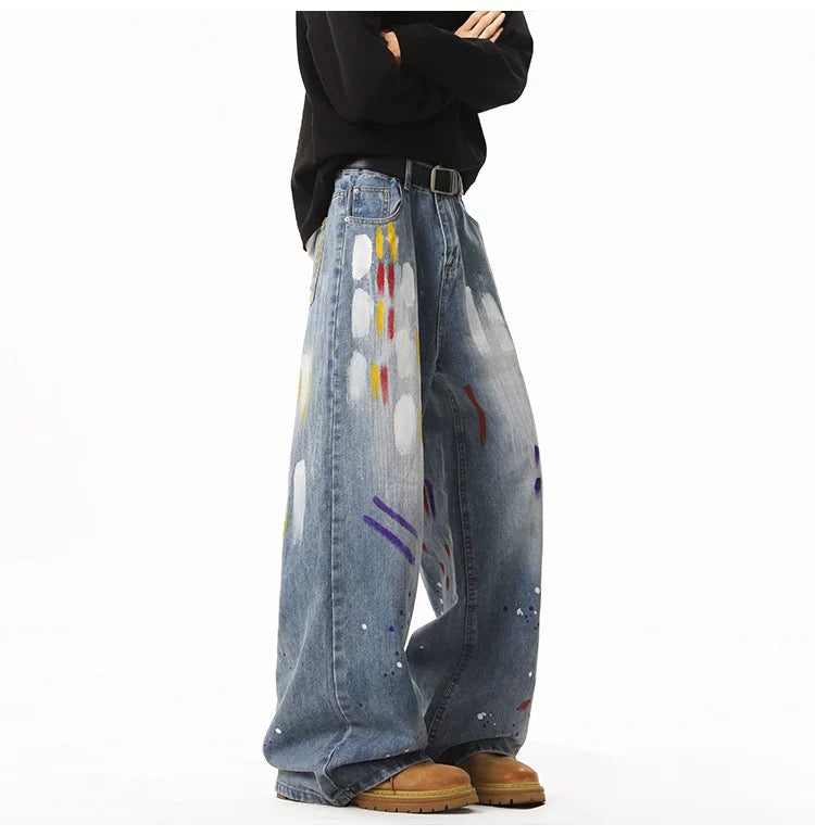 Men’s Graffiti Denim Jeans – Vintage American High Street Painted Streetwear Pants FE0053